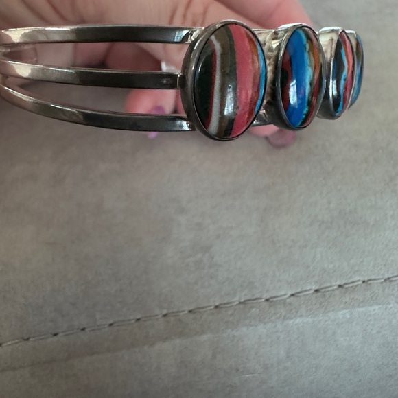 Rainbow Calsilica sterling silver cuff bracelet - Picture 5 of 7